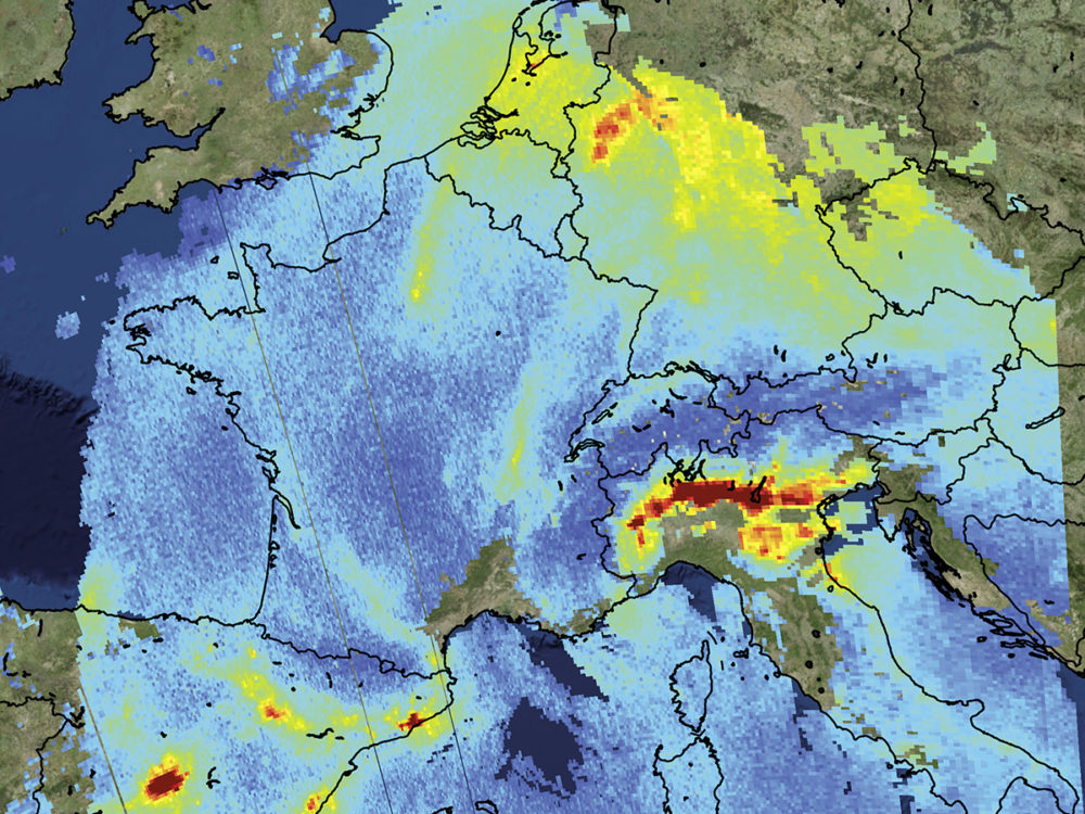 Sentinel-5P, vue des émissions de dioxyde d'azote sur l'Europe
