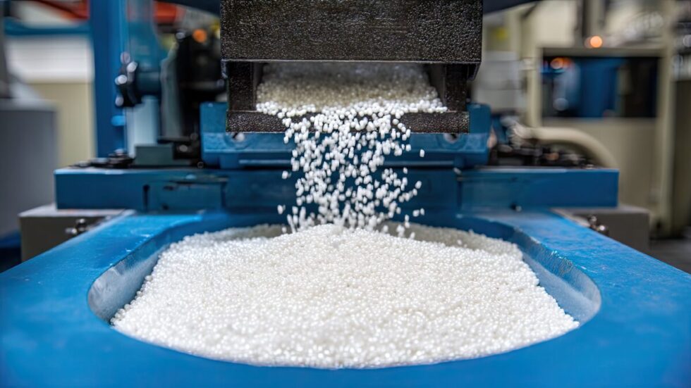 Les billes de plastique, la matière première des plasturgistes. © Pannee - stock.adobe